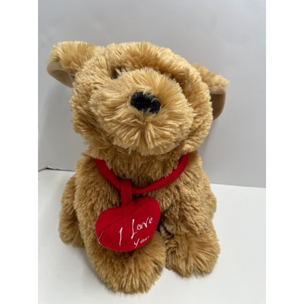 Chrisha Playful Plush Tan Stuffed Dog With Red Heart "I Love You" pre owned